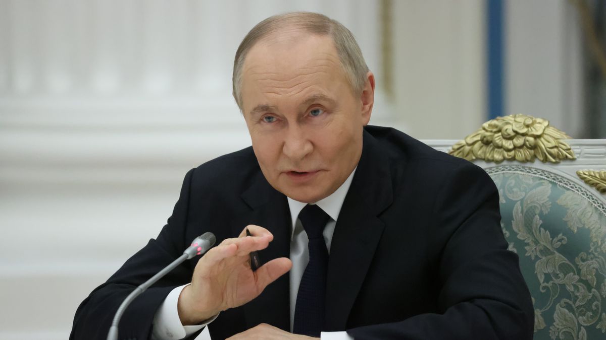 MOSCOW, RUSSIA - MAY 26 (RUSSIA OUT) Russian President Vladimir Putin gestures during his meeting with local business leaders at the Saint Yekeaterina's Hall of the Kremlin, May 26, 2025 in Moscow, Russia. Putin met Russian businessmen, marking the Day of the Entrepreneur. (Photo by Contributor/Getty Images)