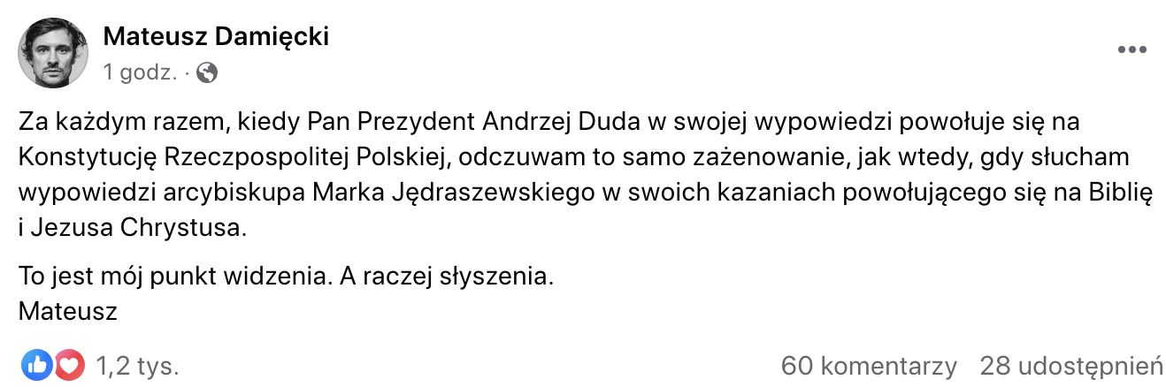 Mateusz Damięcki skomentował ostatnie wystąpienia Andrzeja Dudy