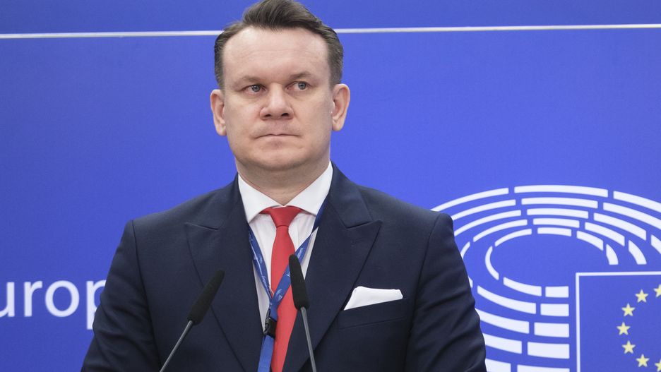 BRUSSELS, BELGIUM - APRIL 16: Polish Member of the European Parliament (European Conservatives and Reformists Group - Prawo i Sprawiedliwosc) Dominik Tarczynski (L) and the former Polish Prime Minister from the right-wing populist and national-conservative political party Law and Justice (Prawo i Sprawiedliwo PiS) Mateusz Jakub Morawiecki (R) talk to the media in the European Parliament on April 16, 2024 in Brussels, Belgium. He is in Brussels for the National Conservatism Conference (NatCon) that will take place Today and tomorrow.  (Photo by Thierry Monasse/Getty Images)