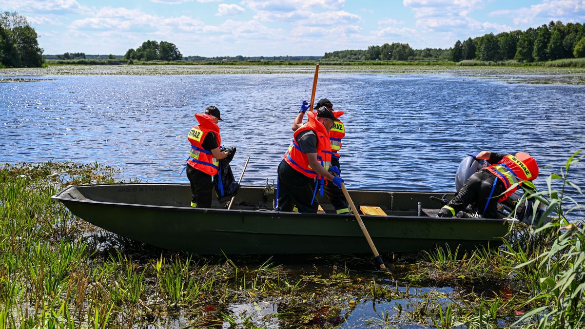 Strażacy podczas usuwania śniętych ryb z zalewu na rzece Wirowej w Starym Lublińcu