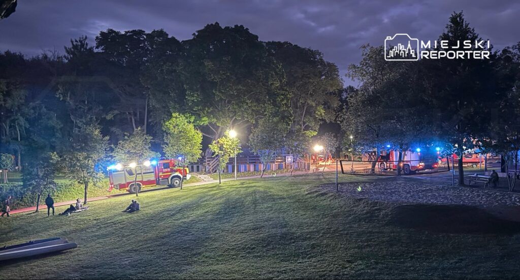 W nocy w parku widoczne są pojazdy straży pożarnej z włączonymi sygnalizacjami świetlnymi, w tle drzewa i latarnie.