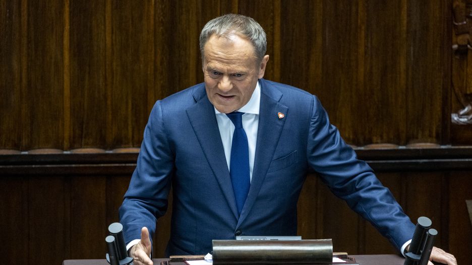 Polish Prime Minister Donald Tusk speaks in parliament on the situation in Ukraine after an EU summit meeting in Brussels, in Warsaw, Poland, on March 7, 2025. (Photo by Andrzej Iwanczuk/NurPhoto via Getty Images)