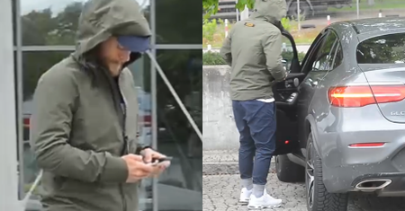 Zakapturzony Sebastian Fabijański odjeżdża Mercedesem