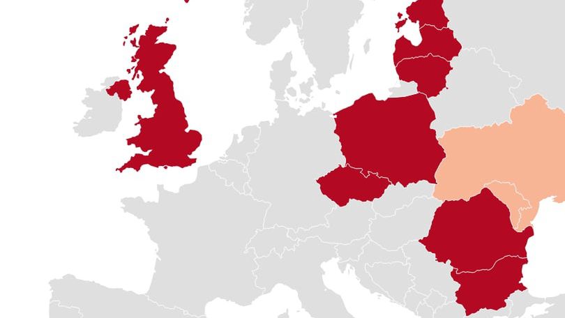 Kraje, które zamknęły przestrzeń powietrzną dla rosyjskich linii lotniczych.