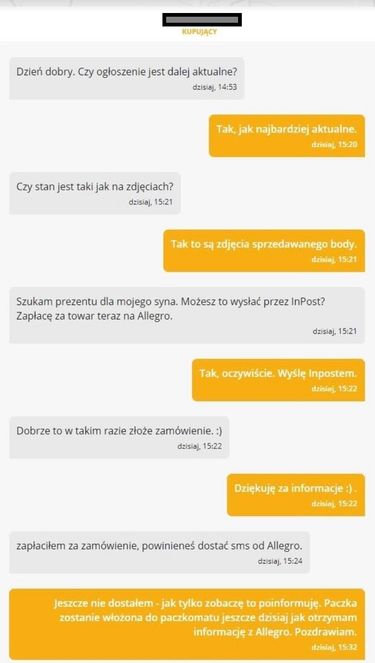 Kupujący sugeruje, że sprzedawca dostanie SMS-a od "Allegro" (i faktycznie otrzyma!), fot. Niebezpiecznik.