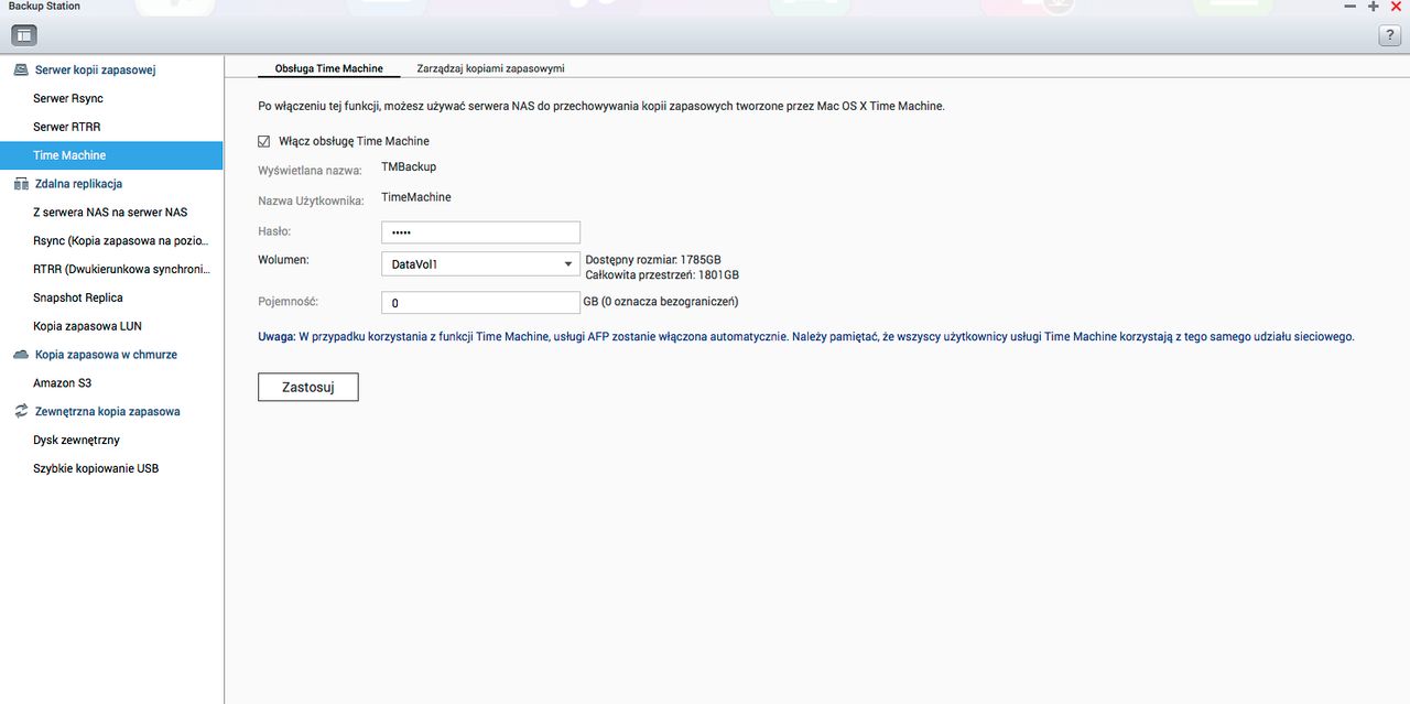 Aby korzystać z Time Machine, z poziomu QTS należy włączyć obsługę TM.