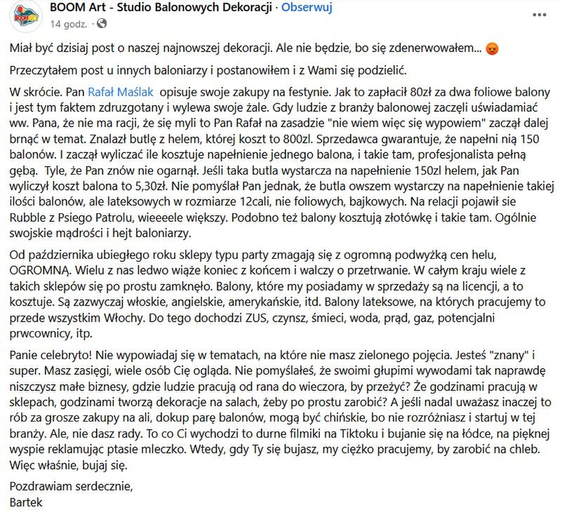Rafał Maślak idzie na wojnę z branżą balonową