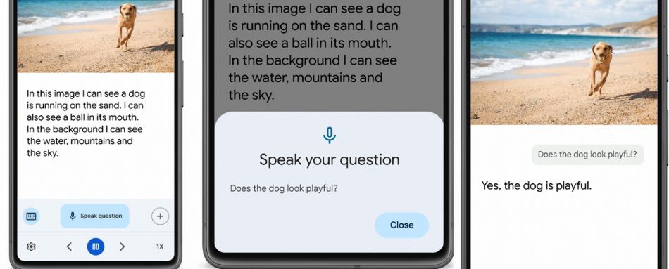 Google Lookout opisuje obrazy. Można również zadać programowi pytanie głosowe, a aplikacja na nie odpowie. Na przykładzie widać pytanie o radosnego psa, co potwierdził Lookout.