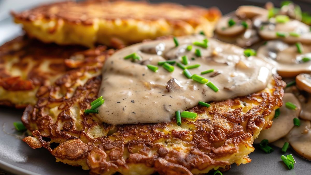 Placki ziemniaczane z sosem na bazie zakwasu na żurek