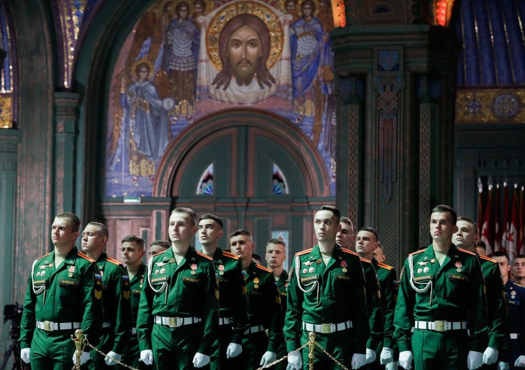Main Cathedral of Russian Armed Forces consecrated in Kubinka outside MoscowMOSCOW REGION, RUSSIA - JUNE 14, 2020: Servicemen attend a ceremony to consecrate the Cathedral of the Resurrection of Christ, Main Cathedral of the Russian Armed Forces, in the town of Kubinka. The cathedral and the adjacent museum were built in Patriot Park to mark the 75th anniversary of the victory in World War II. Initially, the consecration ceremony was to take place on May 9, but had to be rescheduled due to the ongoing COVID-19 pandemic. Mikhail Metzel/TASS (Photo by Mikhail Metzel\TASS via Getty Images)Mikhail Metzelrussian army, interior, painting