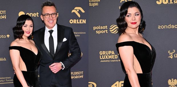 Gala Mistrzów Sportu 2025. Maciej Kurzajewski i Katarzyna Cichopek w sukni z wycięciami posyłają uśmiechy ze ścianki