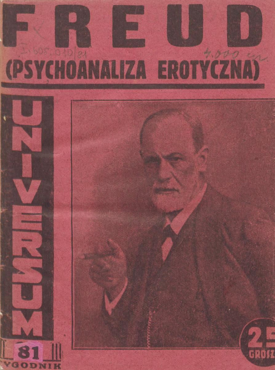 Zygmunt Freud na okładce broszury Psychoanaliza erotyczna. Publikację z 1934 roku napisał niejaki J. Grodzieński, choć wydawca starał się opakować ją tak, by każdy myślał, że to książka austriackiego neurologa