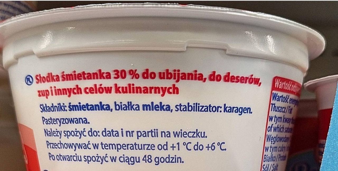 Przykładowy skład śmietany 30 proc.