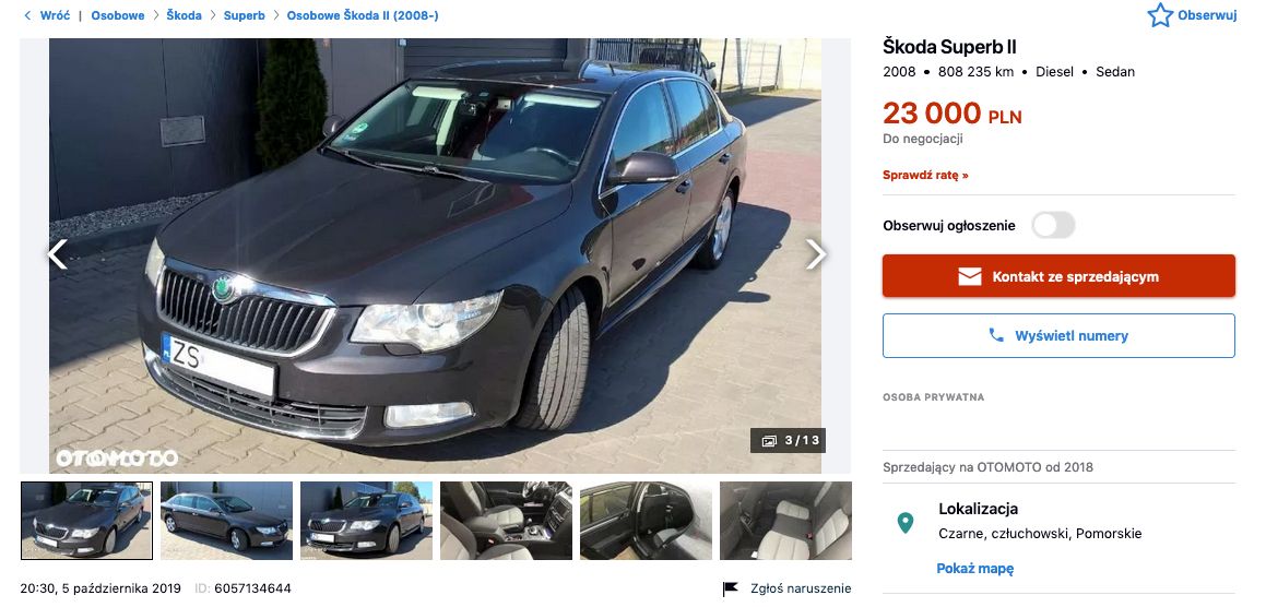 Ta škoda superb z 1.9 TDI przejechała ponad 800 tys. km i teraz trafiła na sprzedaż