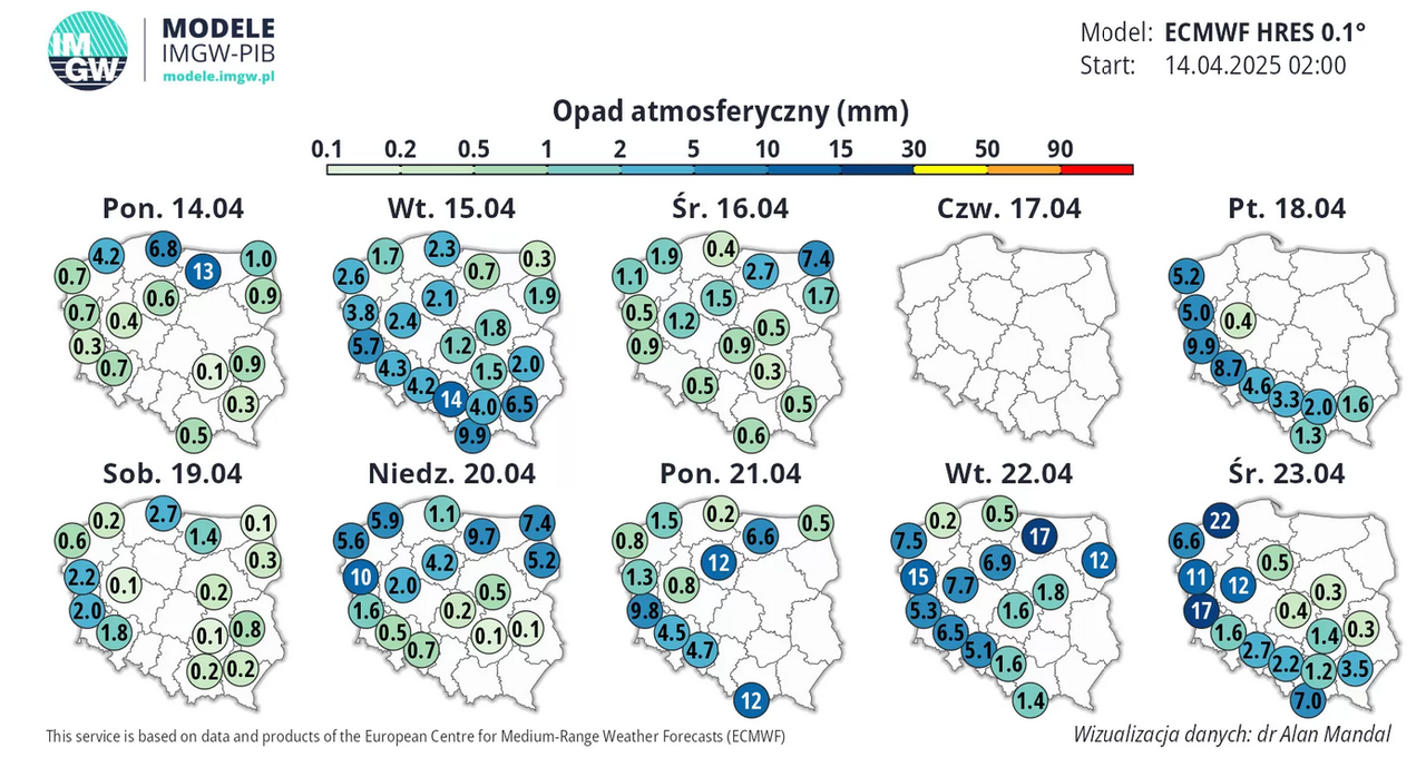 Opady w kolejnych dniach