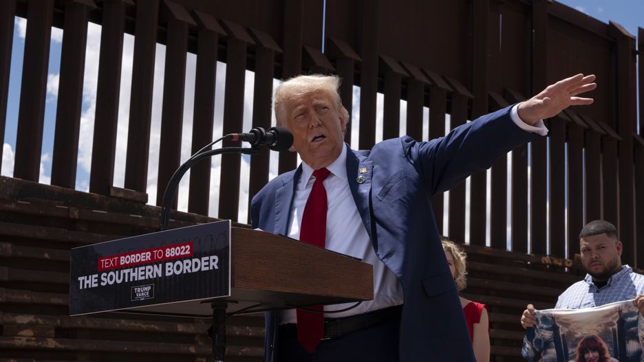 SIERRA VISTA, ARIZONA - AUGUST 22: U.S. Republican Presidential Candidate and former President Donald Trump speaks at the U.S.-Mexico border on August 22, 2024 south of Sierra Vista, Arizona. Trump will hold a rally in Glendale, Arizona tomorrow. (Photo by Rebecca Noble/Getty Images)