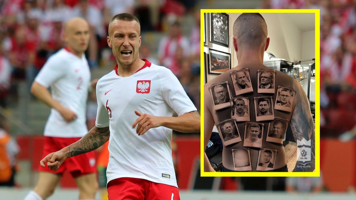 Jacek Góralski w koszulce kadry i wizualizacja jego tatuażu
