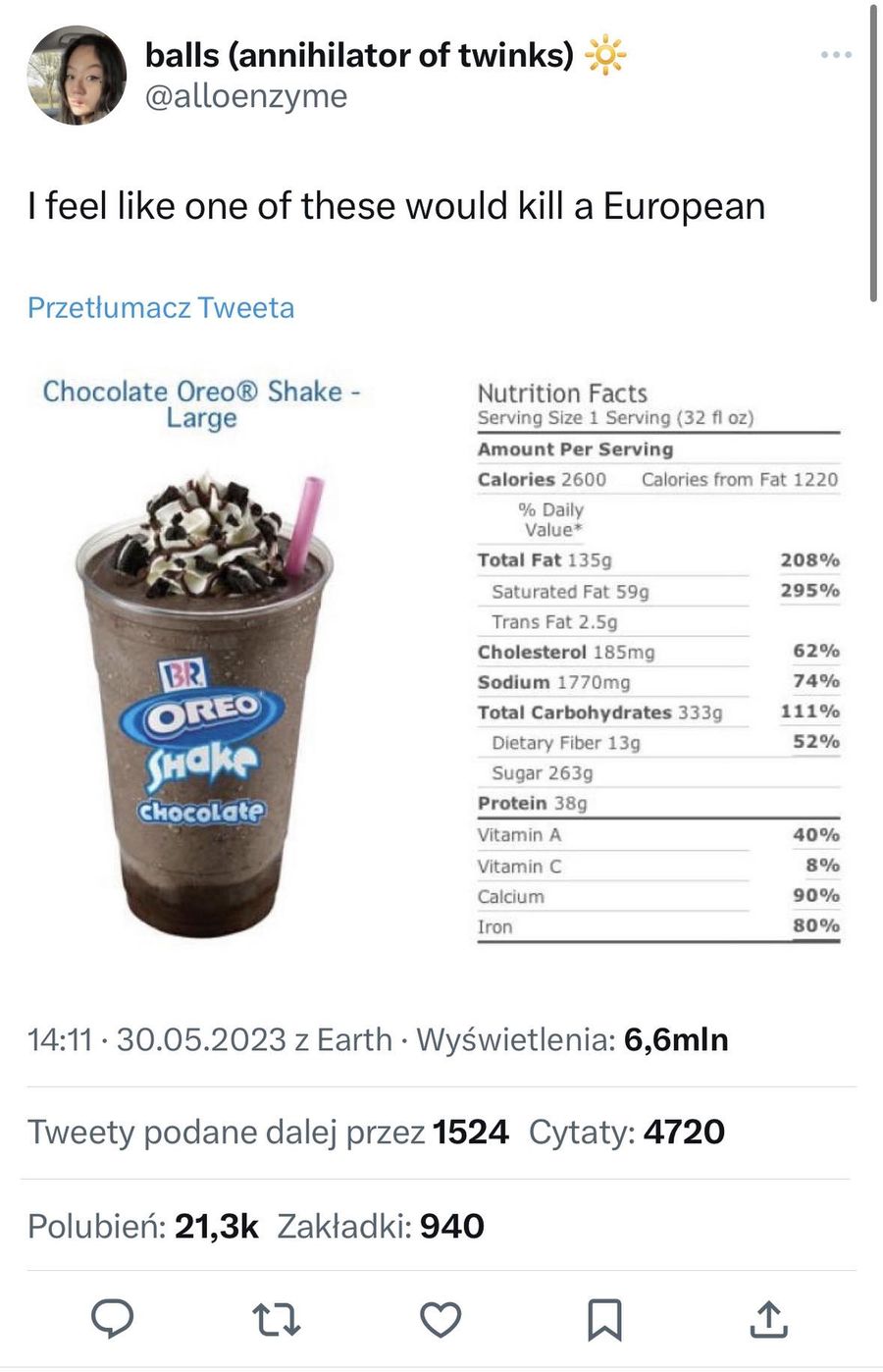 Duży shake Oreo liczy aż 2600 kalorii