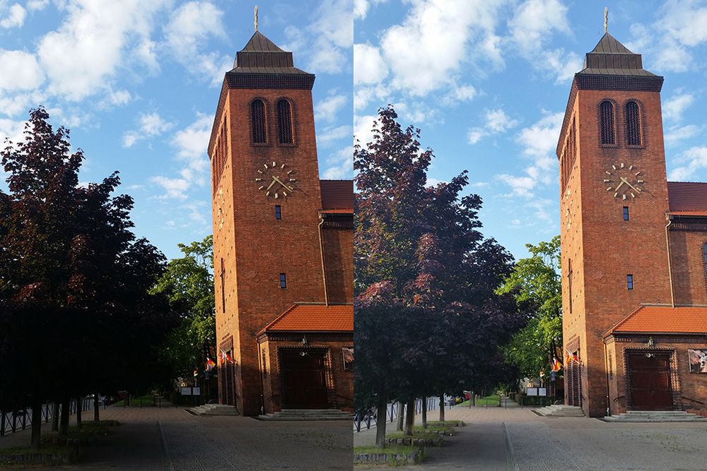 Po lewej: tryb automatyczny, pomiar matrycowy. Po prawej: tryb HDR wbudowany w aplikację fotograficzną.