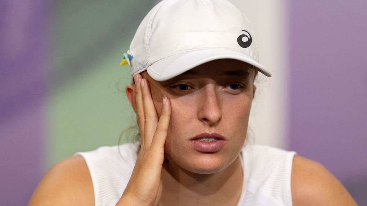 LONDON, ENGLAND - JULY 02: Iga Swiatek of Poland speaks in a press conference following their loss against Alize Cornet of France in their Women's Singles Third Round match on day six of The Championships Wimbledon 2022 at All England Lawn Tennis and Croquet Club on July 02, 2022 in London, England. (Photo by AELTC/Joe Toth - Pool/Getty Images)