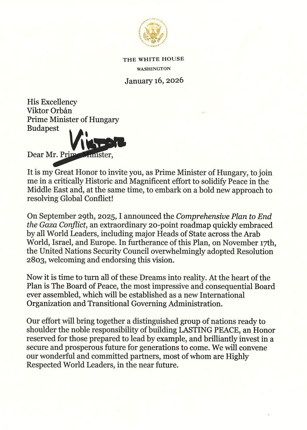 List Donalda Trumpa do premiera Węgier 