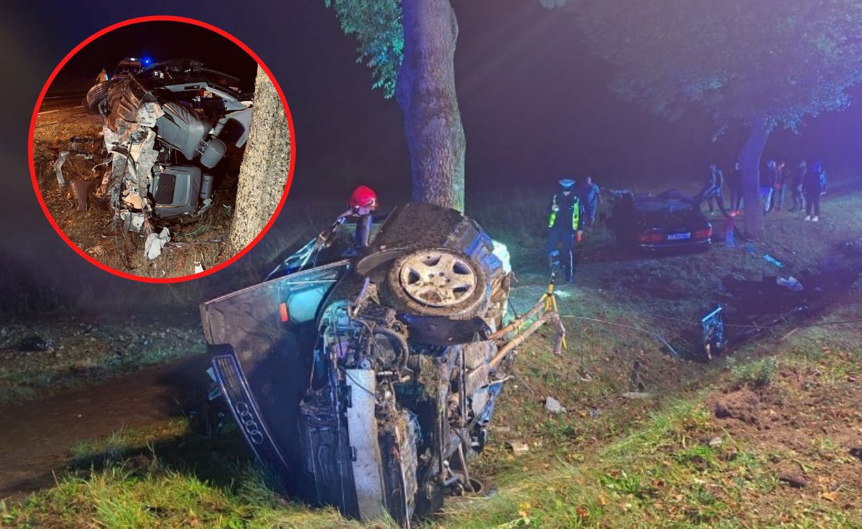 Audi rozerwane na pół po uderzeniu w drzewo. Kierowca wyleciał z auta