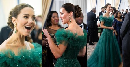Kate Middleton olśniewa w szmaragdowej sukni od Jenny Packham na uroczystej kolacji u gubernatora Jamajki (ZDJĘCIA)