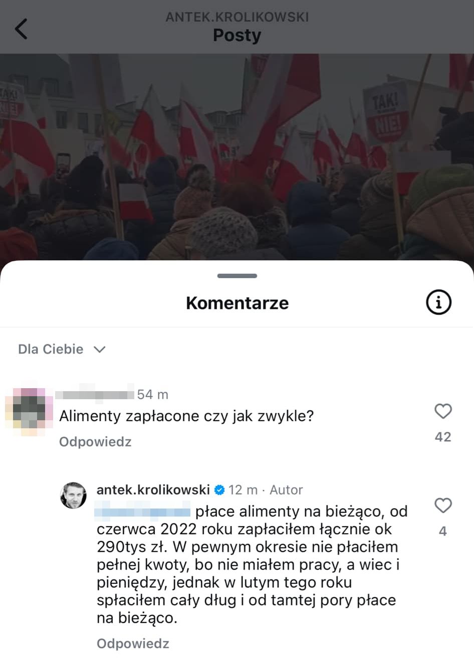 Komentarze pod rolką Antka Królikowskiego