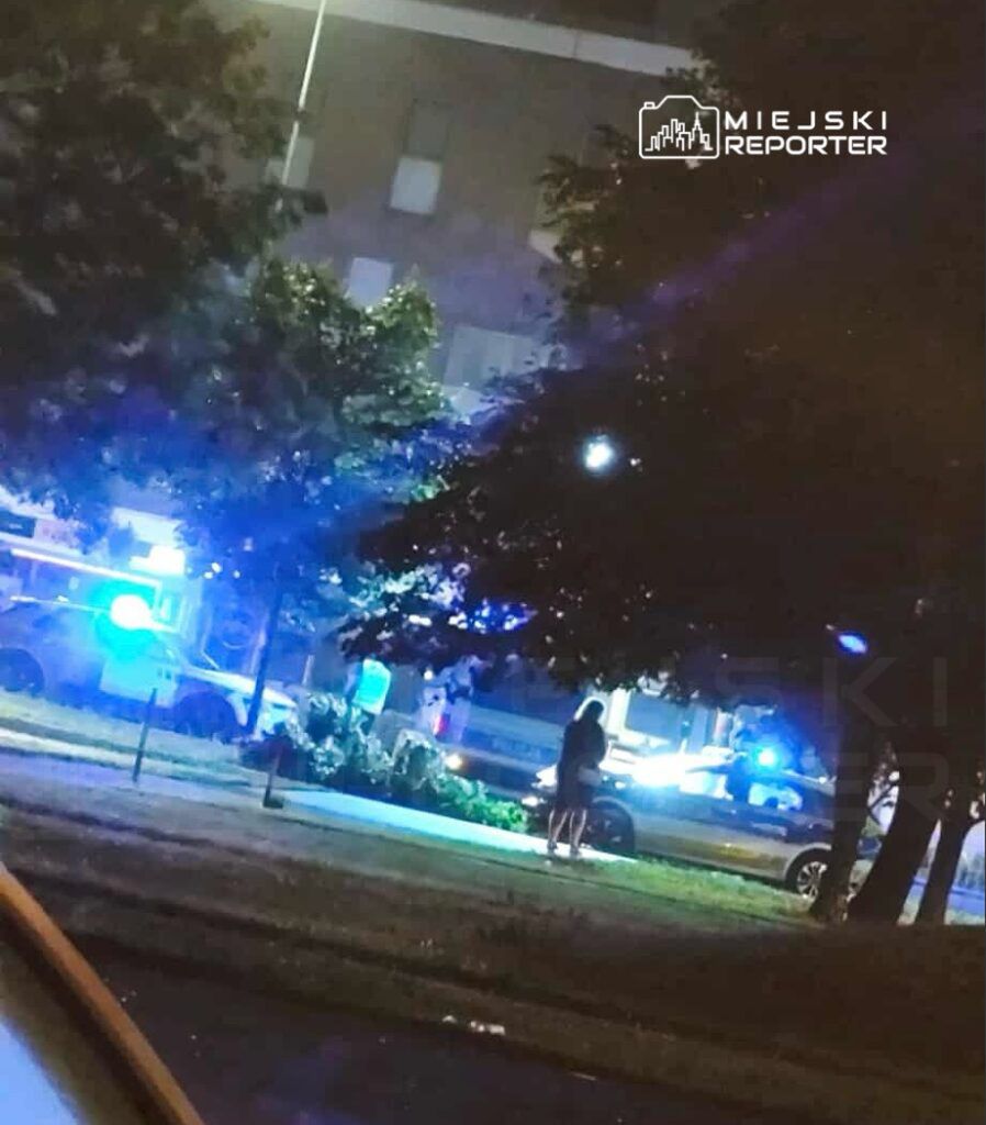 W nocy, w otoczeniu drzew, policjanci interweniują przy zaparkowanym radiowozie, a obok stoi kobieta.