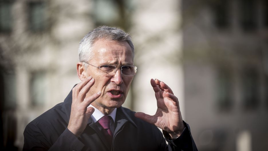 RAMSTEIN-MIESENBACH, GERMANY - APRIL 21: NATO Secretary General Jens Stoltenberg speaks to the media before a meeting of the Ukraine Defence Contact Group at Ramstein Air Base on April 21, 2023 in Ramstein-Miesenbach, Germany. The group, which coordinates international military support for Ukraine, is meeting as allied countries are struggling to deliver sufficient amounts of artillery rounds and other ammunition to the Ukrainian military. (Photo by Thomas Lohnes/Getty Images)