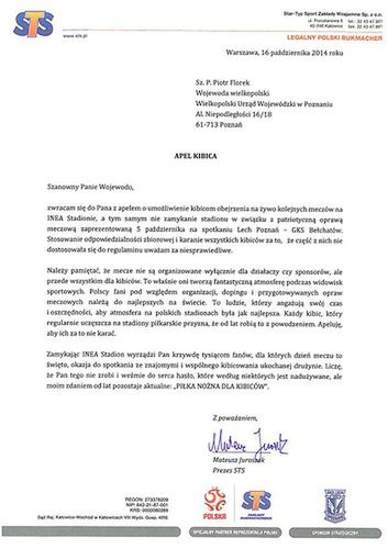 List prezesa STS Mateusza Juroszka do wojewody wielkopolskiego (foto: Twitter)