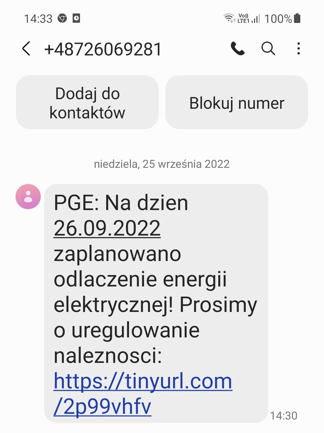 Fałszywy SMS o wyłączeniu energii elektrycznej