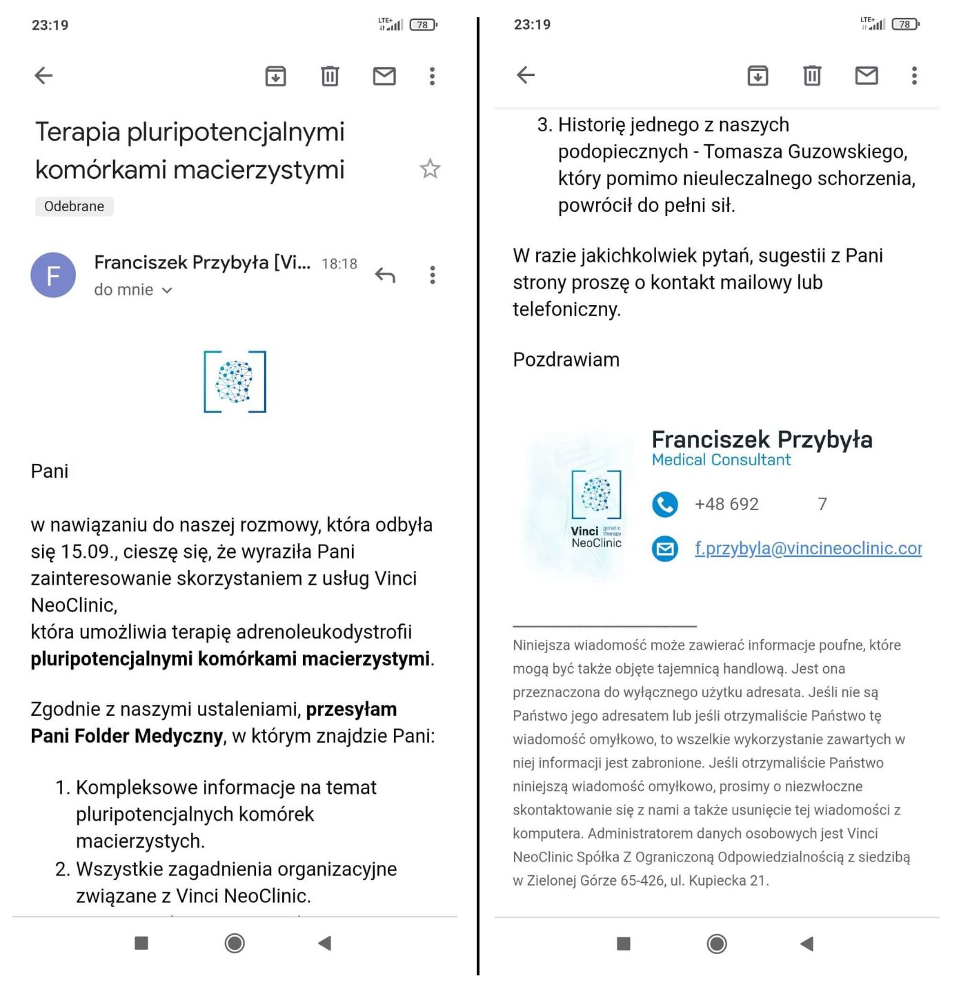 Wiadomość od Vinci NeoClinic