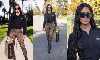 "Alternatywna" Kim Kardashian we wzorzystych spodniobutach i PAPIEROWĄ TORBĄ w dłoni walczy o uwagę na pokazie Balenciagi (ZDJĘCIA)