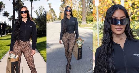 "Alternatywna" Kim Kardashian we wzorzystych spodniobutach i PAPIEROWĄ TORBĄ w dłoni walczy o uwagę na pokazie Balenciagi (ZDJĘCIA)