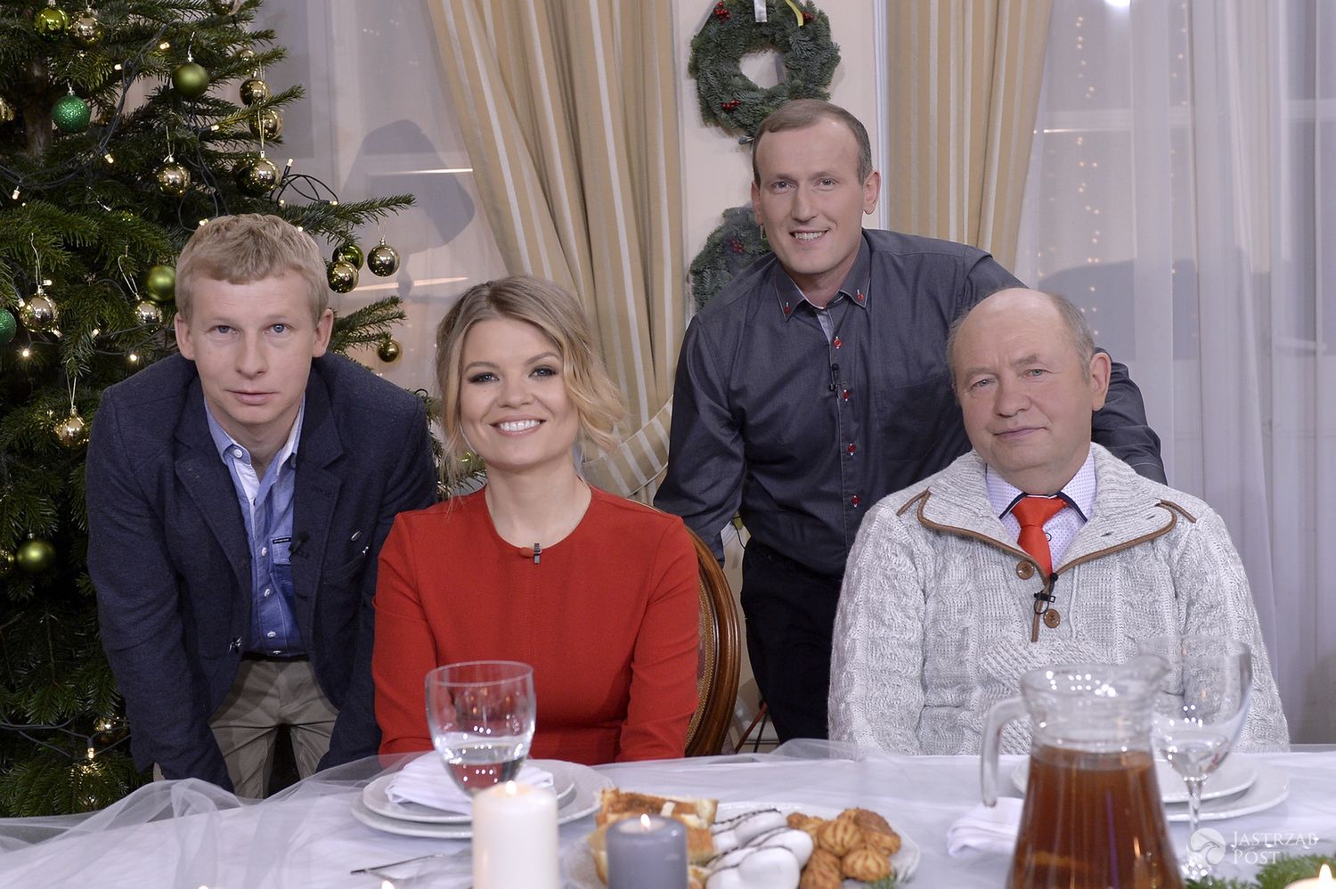 Marta Manowska, Grzegorz, Zbigniew i Stanisław na nagraniu świątecznego odcinka programu Rolnik szuka żony