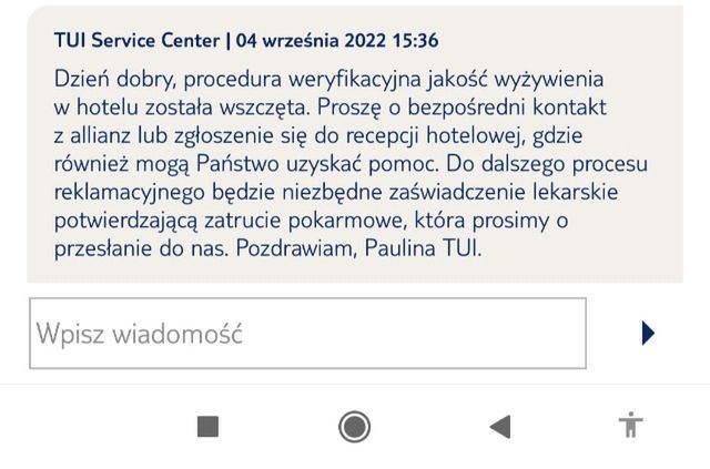 Odpowiedź z czatu biura podróży