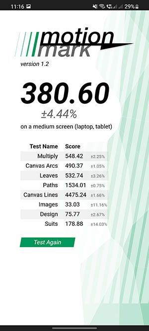 MotionMark Online Benchmark na telefonie