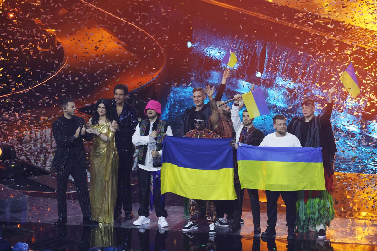 TURIN, ITALY - MAY 14:  The Kalush Orchestra, representing Ukraine, p on stage during the Grand Final show of the 66th Eurovision Song Contest at Pala Alpitour on May 14, 2022 in Turin, Italy. (Photo by Stefania D'Alessandro/Getty Images)