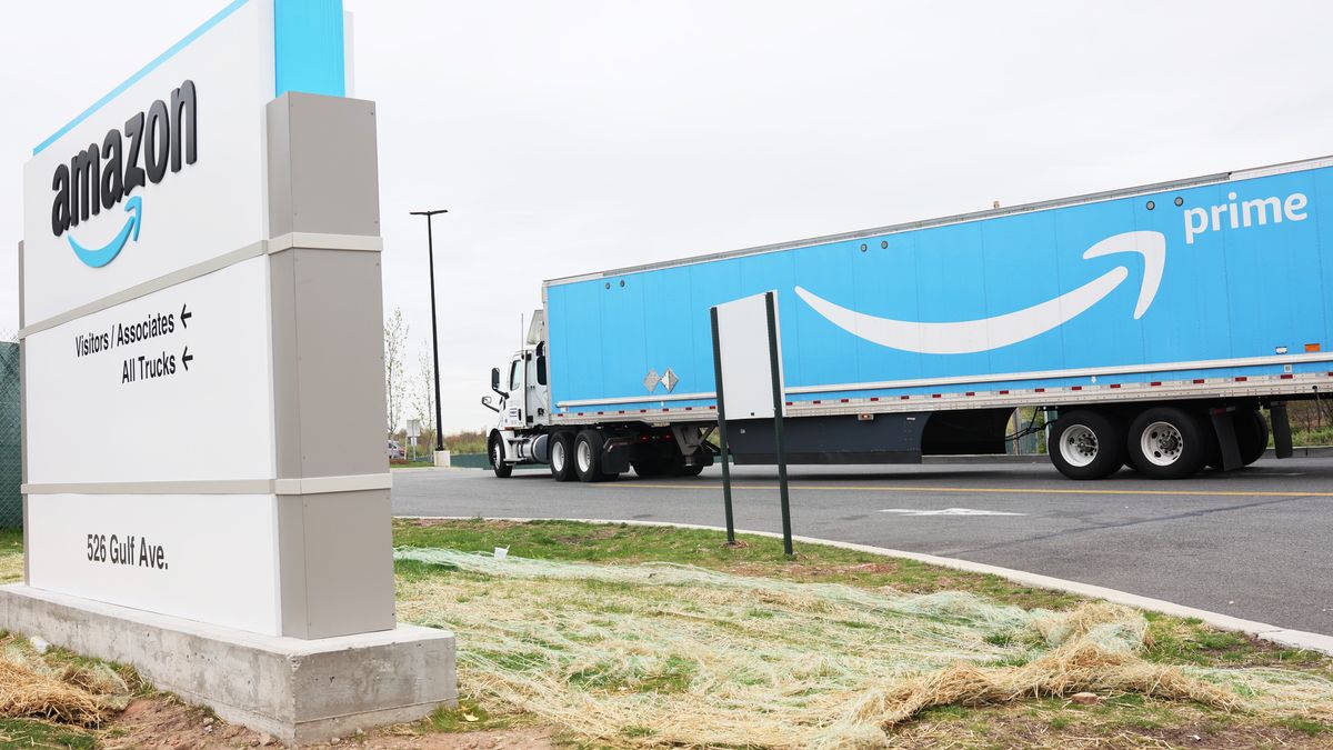 NEW YORK, NEW YORK - APRIL 25: An Amazon truck is seen entering the LDJ5 Amazon Sort Center on April 25, 2022 in New York City. The LDJ5 Amazon Sort Center is holding a vote to unionize today across the street from the JFK8 warehouse that voted to unionize earlier this month. On Sunday, U.S. Sen. Bernie Sanders (I-VT) and Rep. Alexandria Ocasio-Cortez (D-NY) joined a rally alongside Amazon Labor Union leaders ahead of the vote.  (Photo by Michael M. Santiago/Getty Images)