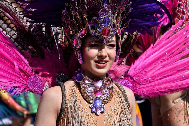 MARSEILLE, FRANCE - 2023/05/06: A dancer adorned with jewels performs during the carnival. The parade of The Marseille Carnival was held at the Old Port of Marseille on May 6, where hundreds of people gather to witness and enjoy the event. (Photo by Gerard Bottino/SOPA Images/LightRocket via Getty Images)