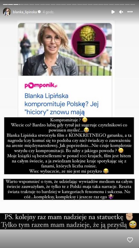 Blanka Lipińska reaguje na nagłówek o "kompromitacji Polski"