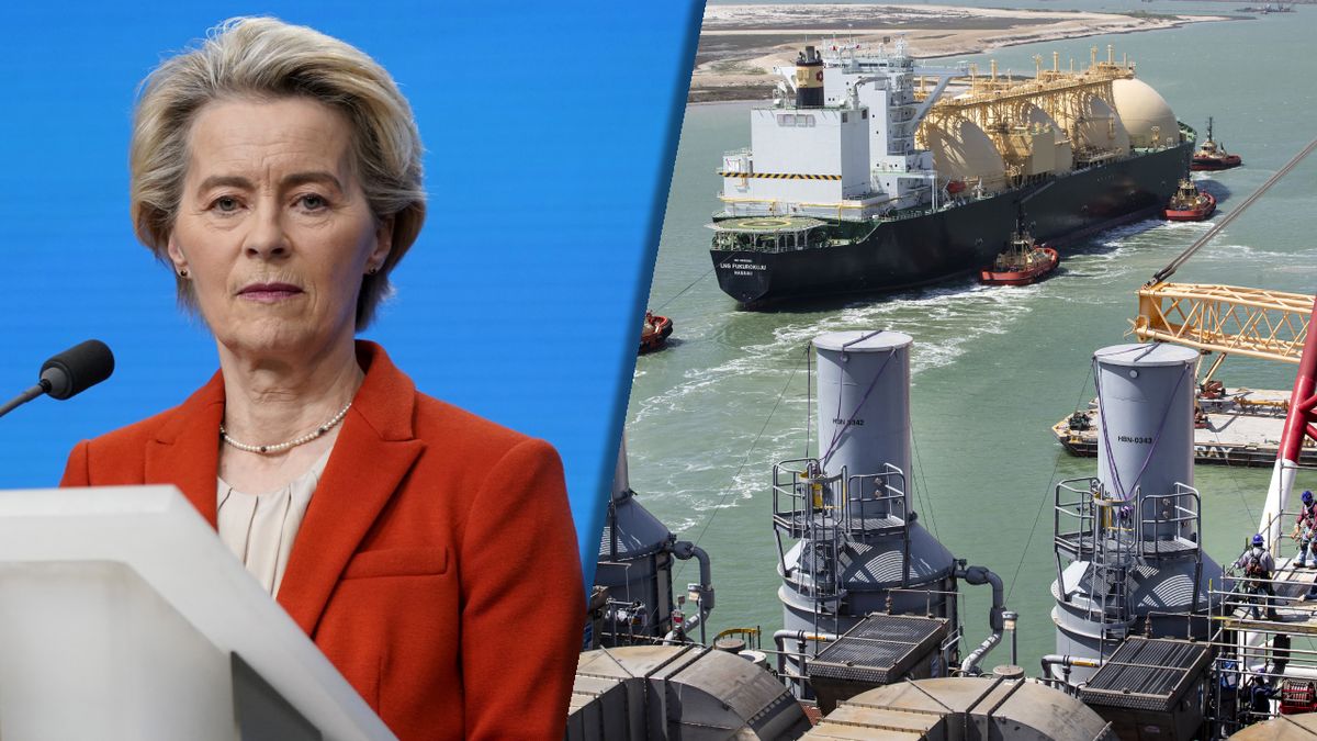 Szefowa KE Ursula von der Leyen i gazowiec z amerykańskim LNG