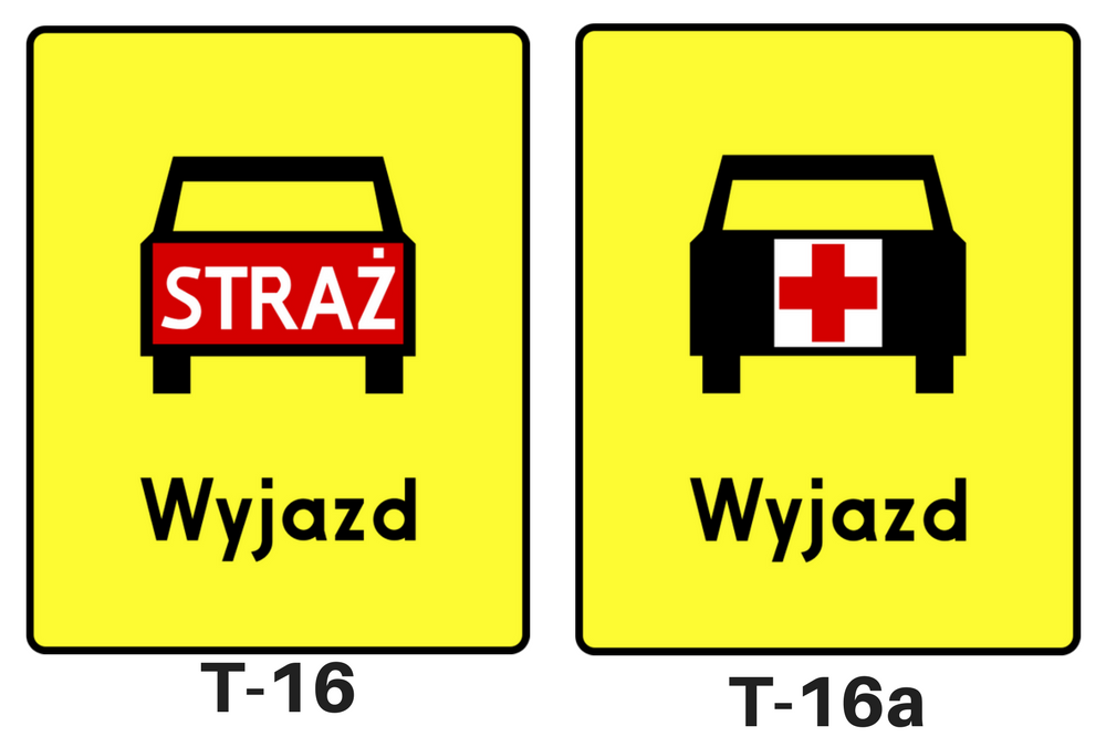 Tabliczki do znaków drogowych: T-16 tabliczki oznaczająca miejsce wyjazdu wozów strażackich, T-16a tabliczki oznaczające miejsce wyjazdu karetek