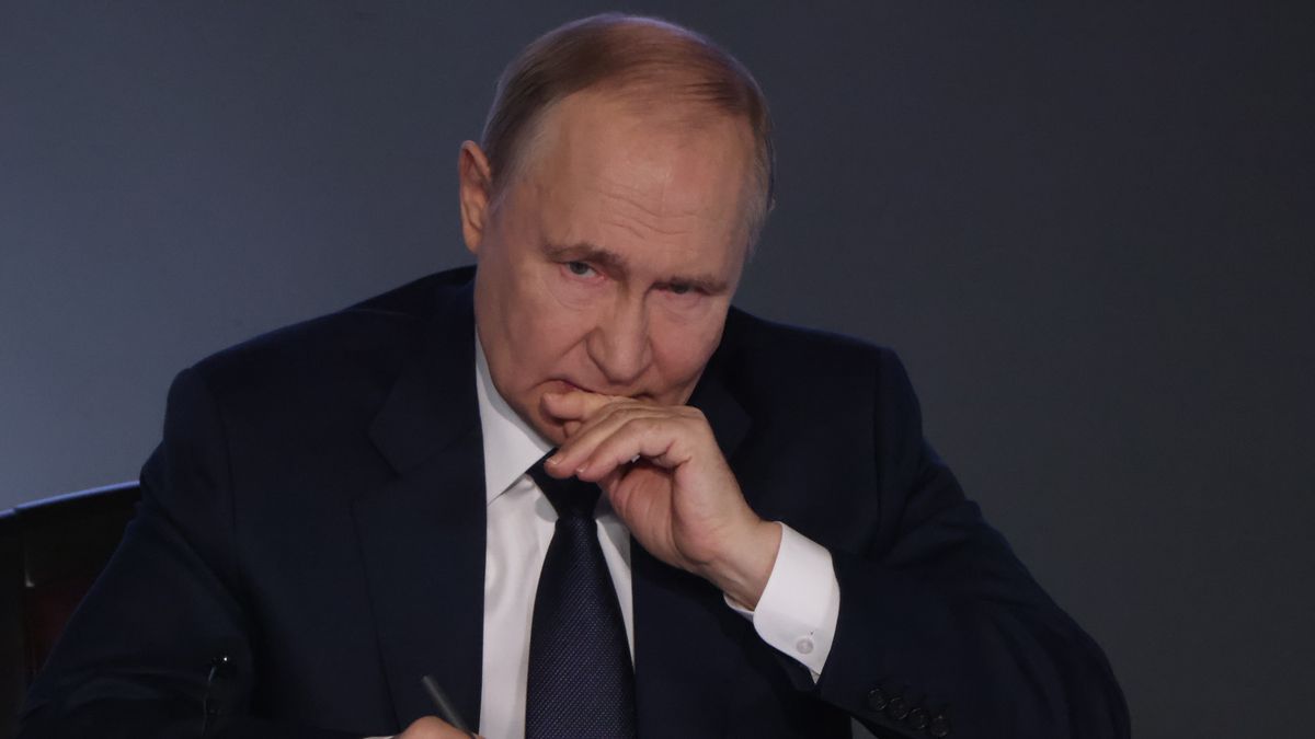 MOSCOW, RUSSIA - MARCH 5: (RUSSIA OUT) Russian President Vladimir Putin grimaces during the Expanded Board of the Ministry on March 5, 2025, in Moscow, Russia. Putin visited the headquarters of Russian Police for an annual speech. (Photo by Contributor/Getty Images)