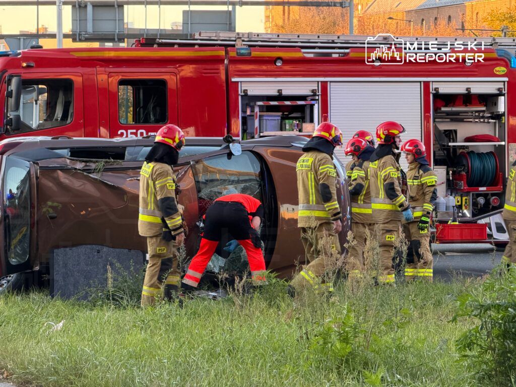 Grupa strażaków w mundurach przeszukuje przewrócone auto na poboczu drogi, obok stoi wóz strażacki.