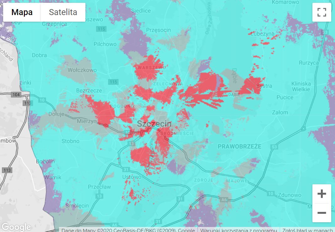 Zasięg sieci 5G Plusa w Szczecinie