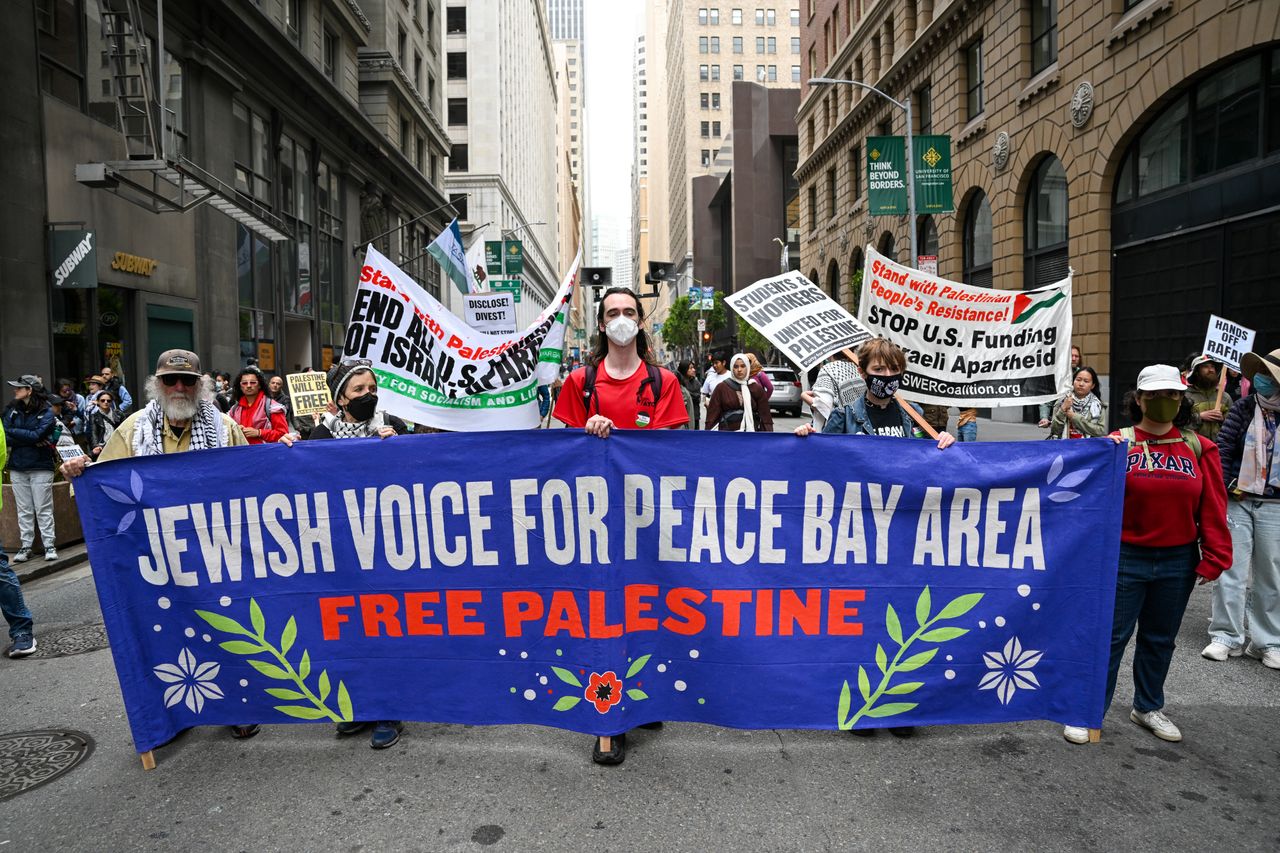 SAN FRANCISCO, CALIFORNIA - MAY 18: Hundreds of Pro-Palestinian protesters take streets and gather outside of Israeli consulate to protest Israeli attacks on Gaza and Rafah, in San Francisco, California, United States on May 18, 2024. (Photo by Tayfun Coskun/Anadolu via Getty Images)