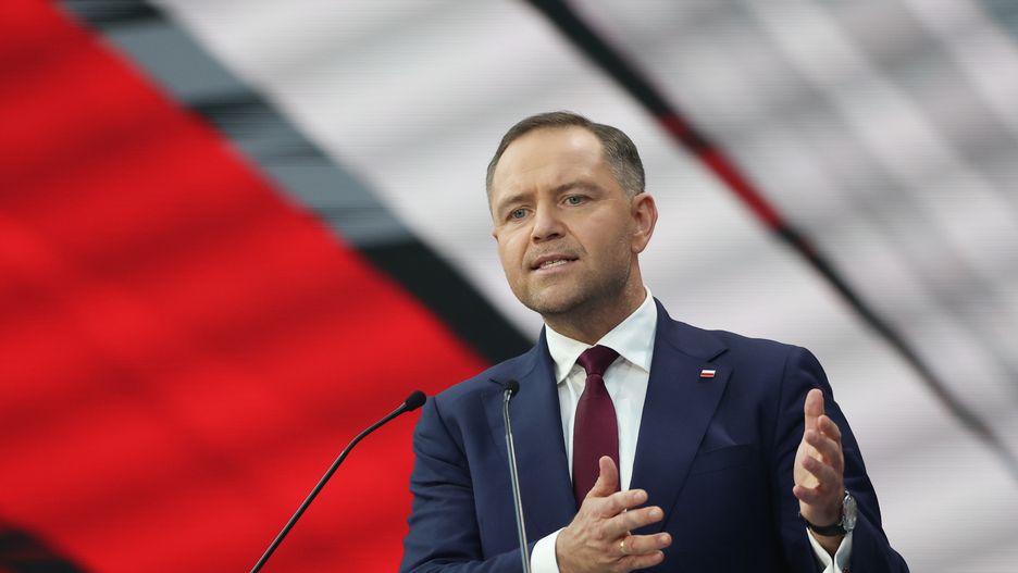 RZESZOW, POLAND - 2025/05/27: Karol Nawrocki, President of the Institute of National Remembrance (IPN) and presidential candidate, is seen during the CPAC Poland 2025 conference. The Conservative Political Action Conference (CPAC) took place in Jasionka near Rzeszow, Poland. (Photo by Grzegorz Wajda/SOPA Images/LightRocket via Getty Images)