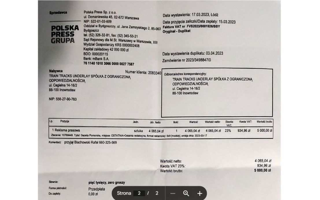 Kolejna faktura z tym samym płatnikiem